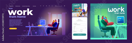 Flat vector illustration. A man works at a computer at home. Interface of the website and mobile app.