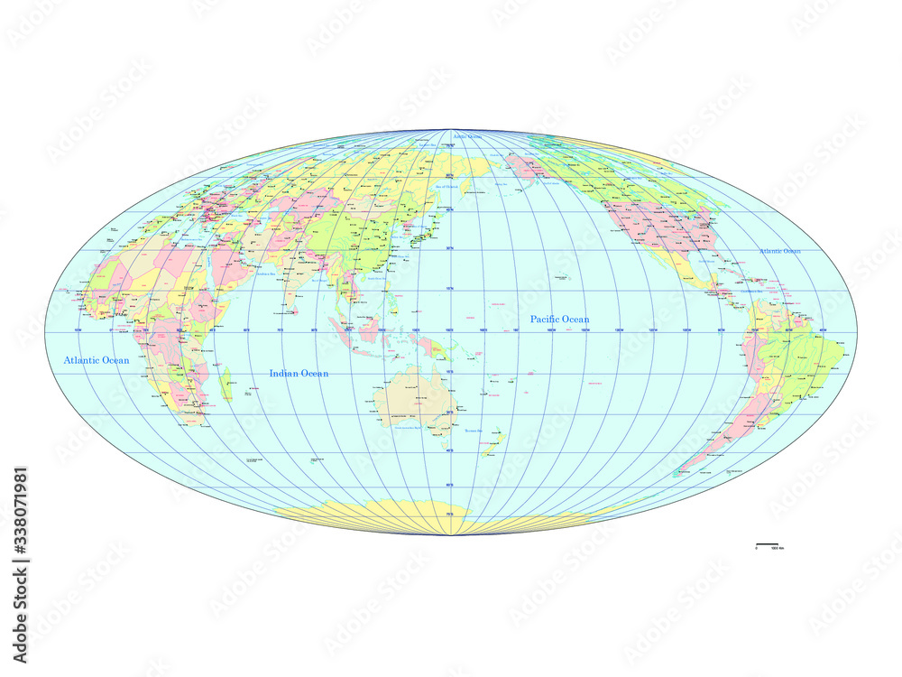Vecteur Stock 世界地図 モルワイデ図法 アジア中心 国ごとにバラバラになります World Map Mollwide Cylindrical Projection The Asia Center Adobe Stock