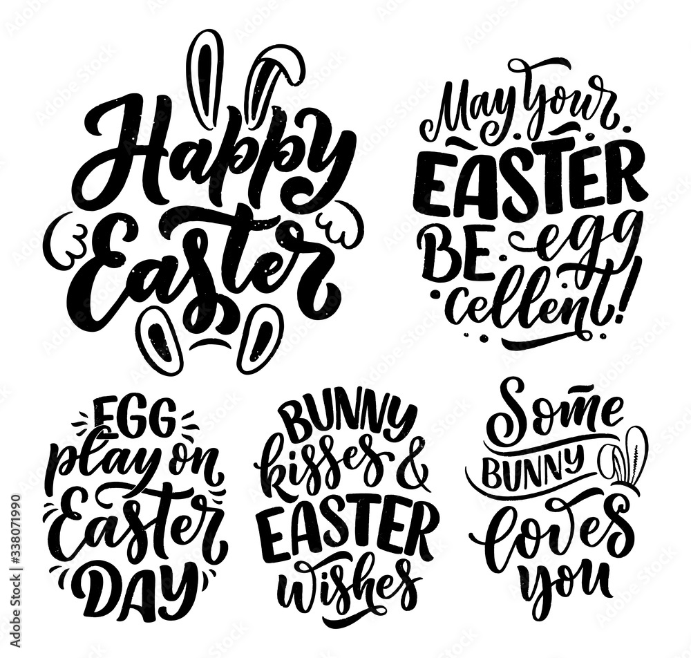 Set with calligraphy lettering slogans about Easter for flyer and print design. Templates for banners, posters, greeting postcards. Vector Set with calligraphy lettering slogans about Easter for flyer and print design. Templates for banners, posters, greeting postcards. Vector