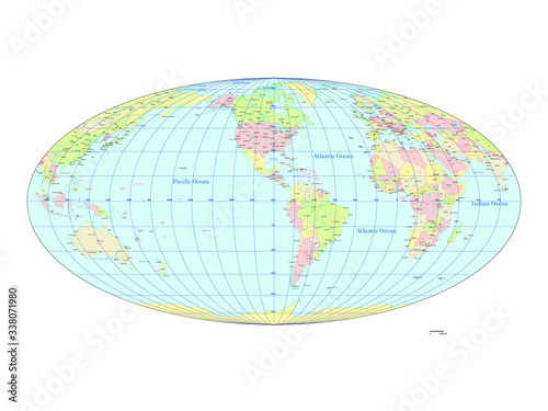 世界地図 モルワイデ図法 アメリカ中心 - 国ごとにバラバラになります | World Map - Mollwide cylindrical projection : The America center