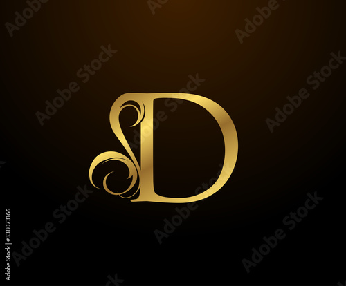 Graceful Initial D Gold Letter logo. Vintage drawn emblem for book design, weeding card, brand name, business card, Restaurant, Boutique, Hotel. 