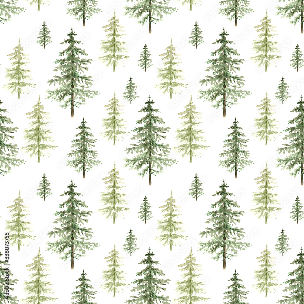 Obraz premium seamless pattern of green Christmas trees on a white background close-up. watercolor illustration