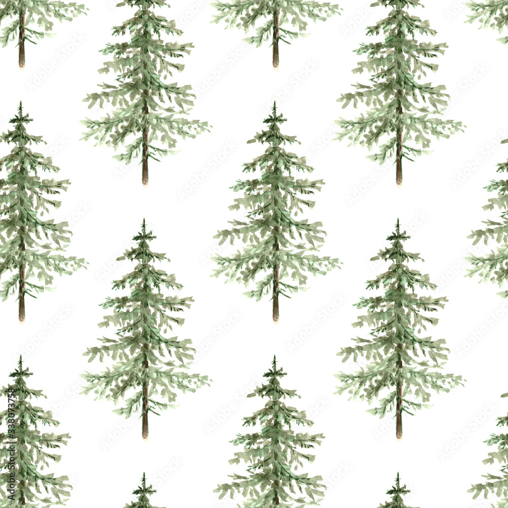 green christmas tree pattern on white background close-up. watercolor illustration
