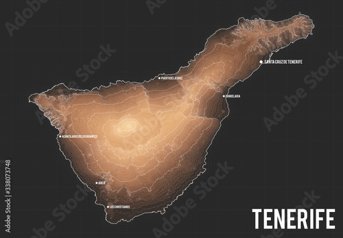 Map of Tenerife, Canary Islands. Vector elevation map of island. Generated conceptual surface relief map. Detailed geographic elegant landscape scheme. Topographic outline poster.