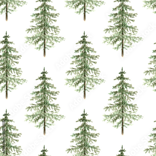 green christmas tree pattern on white background close-up. watercolor illustration 