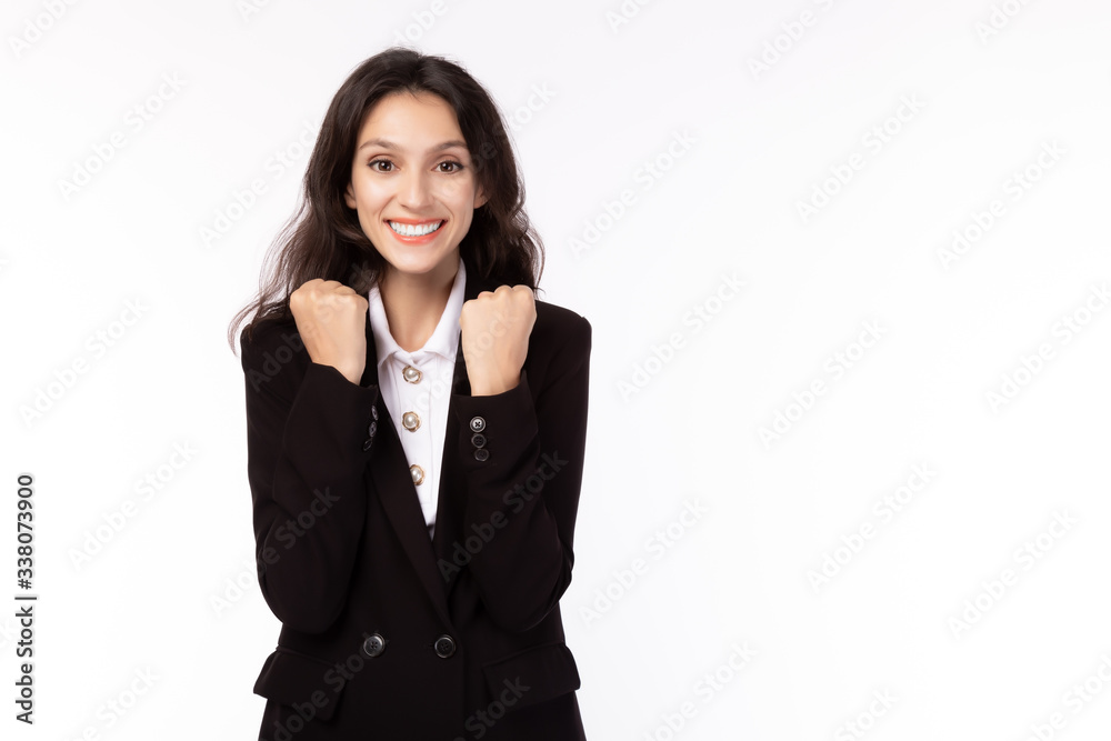 Businesswoman get happiness, surprised for winning lotto, lottery or Business female win auction of big project. Caucasian businesswoman gets successful of business. She get excited for winner Businesswoman get happiness, surprised for winning lotto, lottery or Business female win auction of big project. Caucasian businesswoman gets successful of business. She get excited for winner