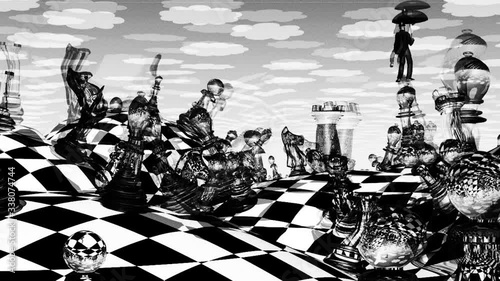 Surreal chess landscape and hovering man with red umbrella