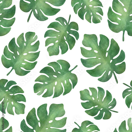 Tropical leaves. Seamless botanical ornament. Hand painted illustration.