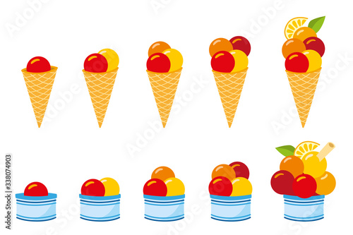 Isolierte Vektorgrafik von leckeren Eiswaffeln und blauen Eisbechern in verschiedenen Größen mit Eiskugeln in gelb, orange und rot in den Sorten Zitrone, Orange, Erdbeere, Grapefruit und Heidelbeere