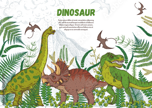 Dinosaurs hand drawn. Vector illustration. Jurassic period.