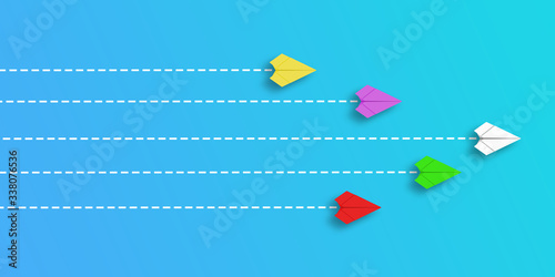 Paper plane that makes a difference by moving in a different direction from the others. different thinking concept. 3d illustration, 3d render.