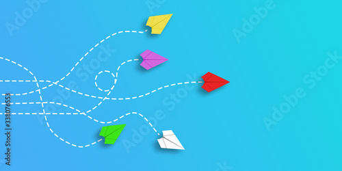 Paper plane that makes a difference by moving in a different direction from the others. different thinking concept. 3d illustration, 3d render.