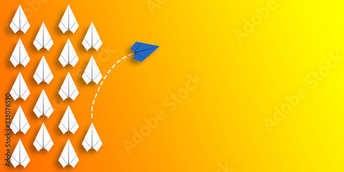 Paper plane that makes a difference by moving in a different direction from the others. different thinking concept. 3d illustration, 3d render.