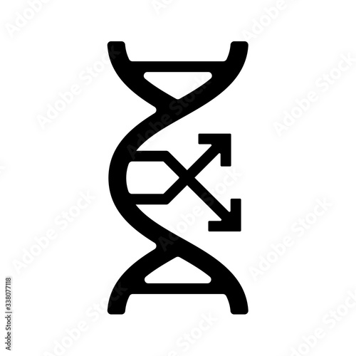 DNA mutation, change gene flat GMO icon, black sign. Symbol genetically modification. Food label or tag isolated on white background. Vector illustration.