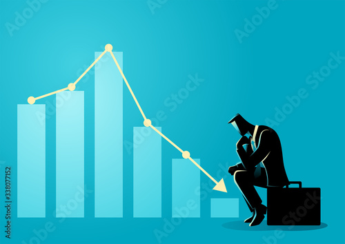 Businessman sitting listless due to decreasing graphic chart