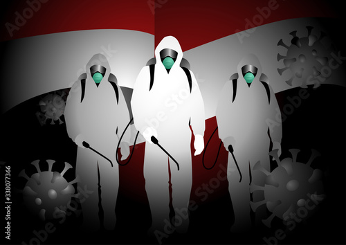 Men in hazmat suits carrying disinfectant sprays with Indonesia flag as the background