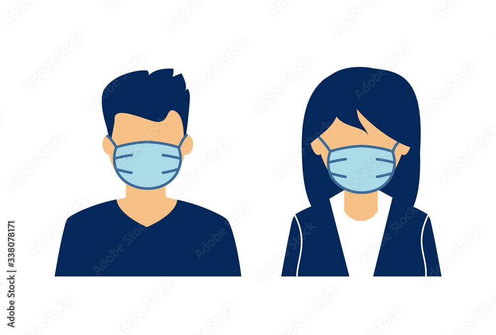 People in white medical face mask. Concept of coronavirus quarantine.  
Man and Woman in medical face protection mask. 