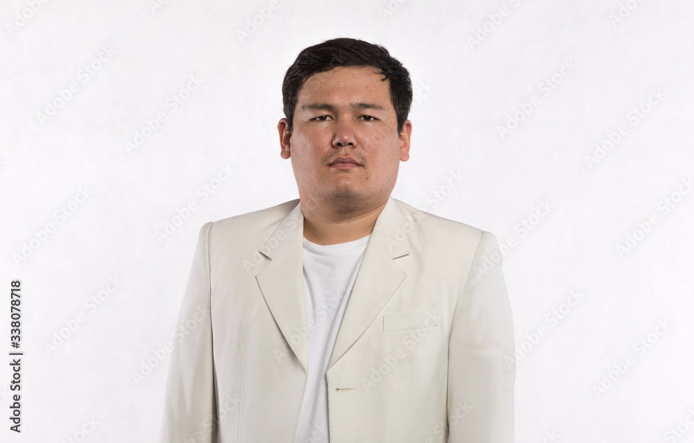 portrait of a Kazakh man in a white jacket on a white background portrait of a Kazakh man in a white jacket on a white background
