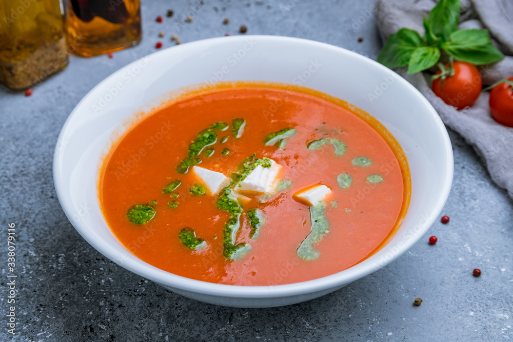 Soup cream of tomato with mozarella and pesto sause Soup cream of tomato with mozarella and pesto sause