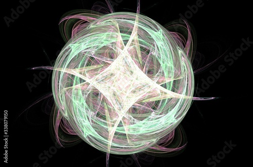 Green blue white sphere on black background. Abstract background. Dynamic effect. 3d render.