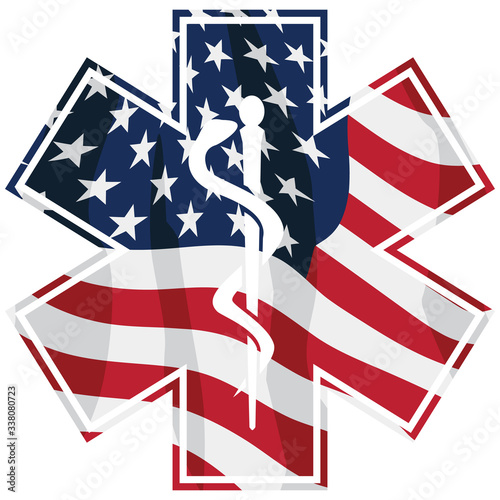 Patriotic Paramedic EMT EMS Star of Life  Medical Service Symbol with USA Flag Overlay Isolated Vector Illustration