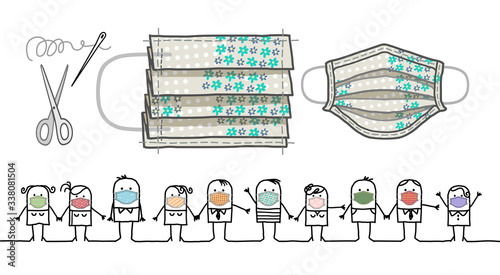 Cartoon people wearing home-made sewn fabric protection masks