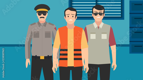 Two policemen in uniform with caught criminal at office colorful vector illustration. Arrested corrupt escorted by a pair of police cartoon characters.