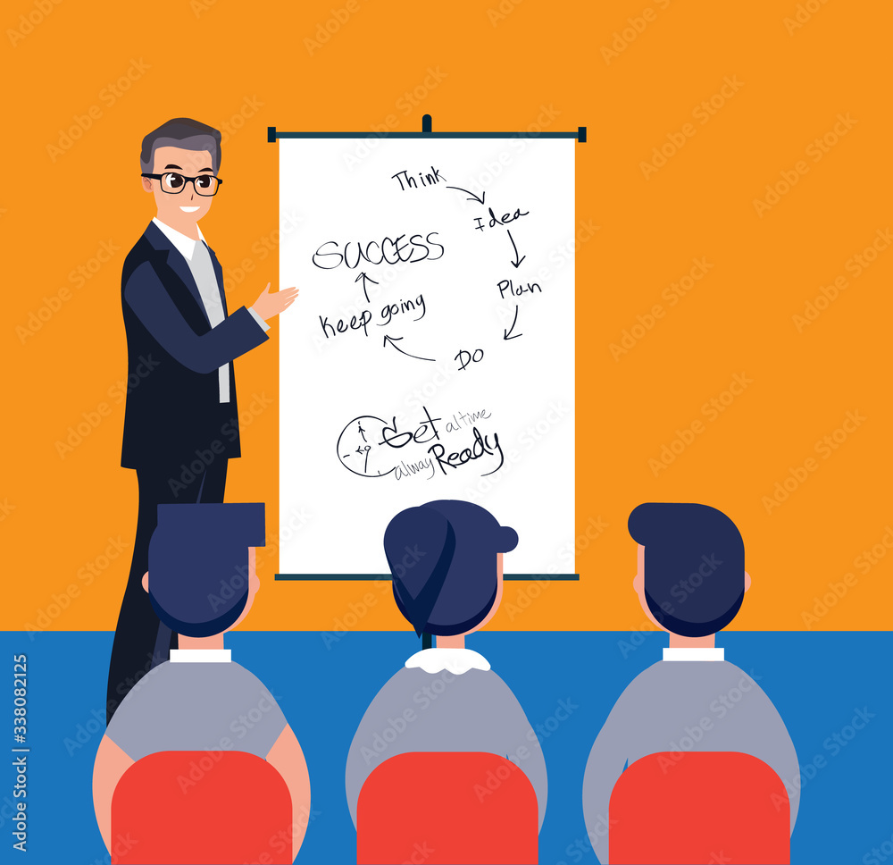 Business meeting presentation of the project. Man speaks before his colleagues vector illustration. Professional work team workplace. Creative illustrations flat design worker people. Business meeting presentation of the project. Man speaks before his colleagues vector illustration. Professional work team workplace. Creative illustrations flat design worker people.