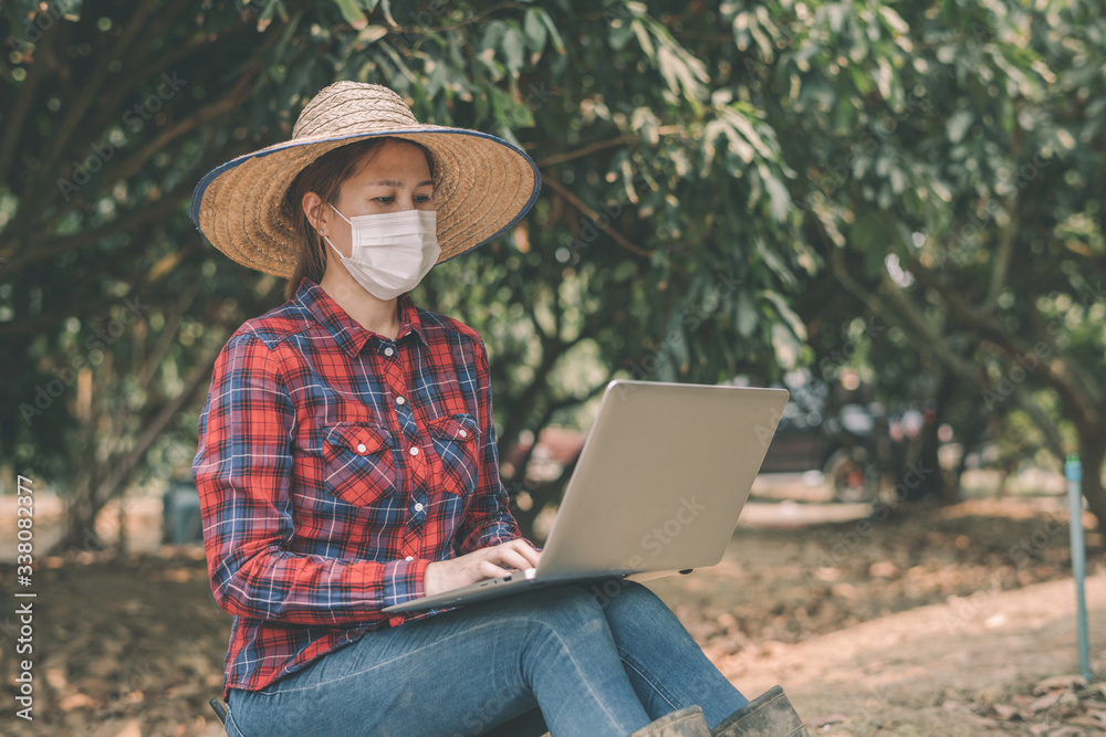 Asian woman farmers wear masks to protect against corona virus (COVID-19) and air pollution Pm2.5. And work through the laptop on the farm.