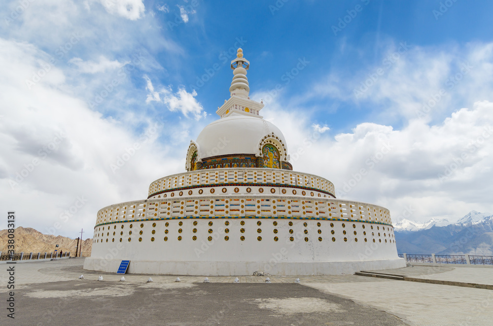 Shanti Stupa monument, a Buddhist temple and shrine on a hilltop over Leh, in Ladakh Union Territory, India