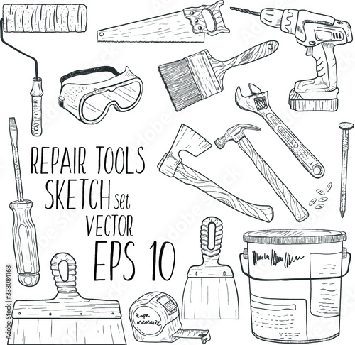Hand draw sketch house remodel tools vector set.