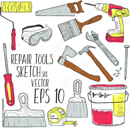 Hand draw sketch house remodel tools vector set.