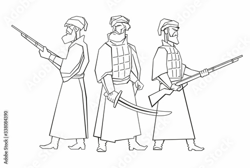 Russian medieval warriors Cossacks Sagittarius. Conquerors of Siberia. Vector hand drawing