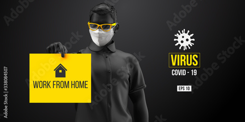 Novel coronavirus COVID-2019. Man in black color in white mask on a black background. Virus 2019-nCoV logo. Stay at home. Work from home. Medical mask and virus protection. Vector illustration