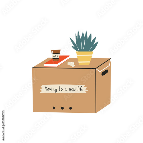 Moving in relocation, furniture and cardboard boxes with personal accessories vector. Containers with things. Vector illustration