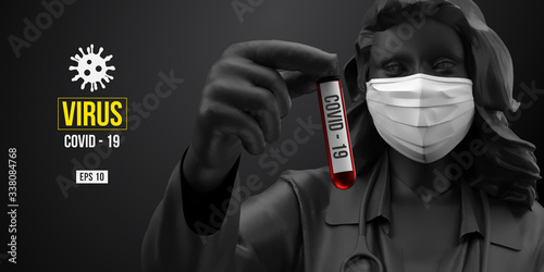 Novel coronavirus COVID-2019. Woman in black color in white mask on a black background. Virus 2019-nCoV logo. Stay at home. Work from home. Medical mask and virus protection. Vector illustration