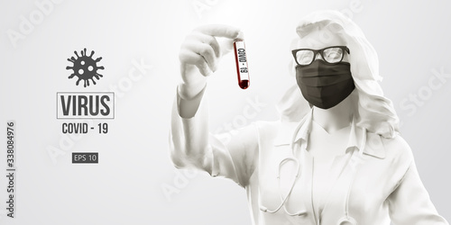 Novel coronavirus COVID-2019. Woman in white color in black mask on a white background. Virus 2019-nCoV logo. Stay at home. Work from home. Medical mask and virus protection. Vector illustration