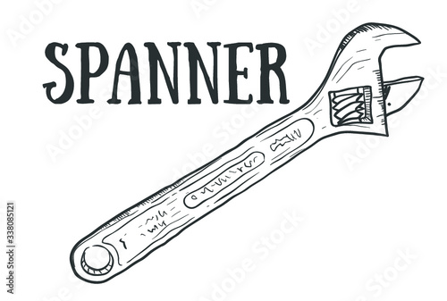 Hand drawn adjustable spanner vector sketch. Doodle drawing. Vector sketch house remodel tool. Home repair service. Flat style tool for building
