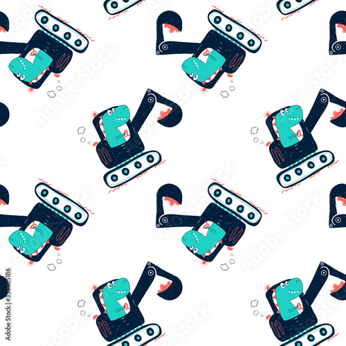 Worker Dinosaur pattern and digger illustration vector.