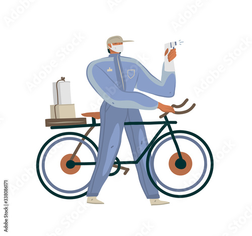 Hand drawn vector stock abstract graphic illustrations a man with an eco package working in the Internet delivery, well protected in a face mask riding on bike isolated on white background