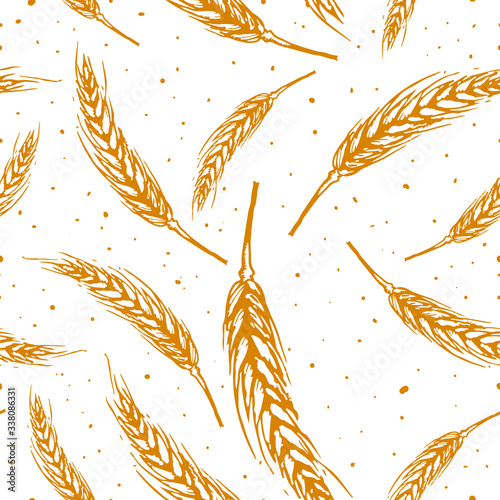 Vector seamless pattern illustration ears of wheat. Malt beer background. Autumn harvest.