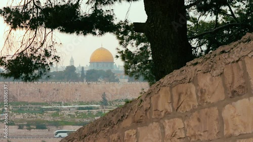 Panoramic view of Jerusalem old city and the Temple Mount through a tree during a dramatic colorful sunset