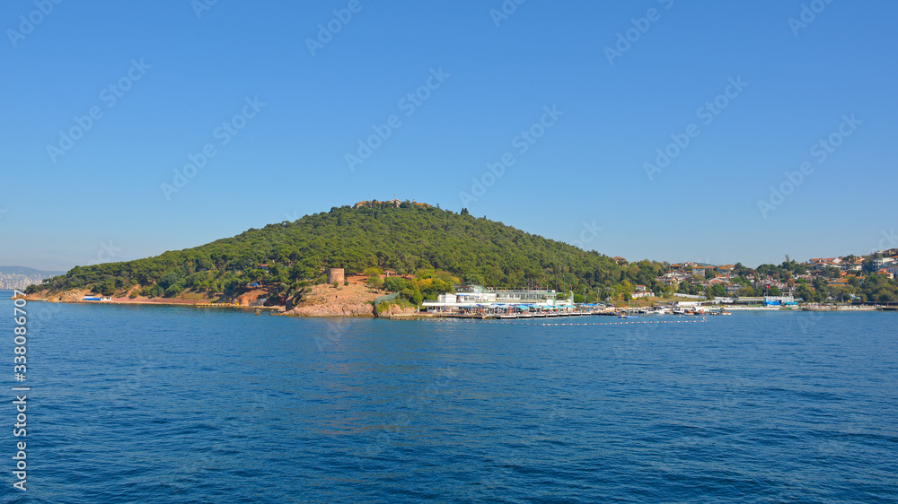 Heybeliada, one of the Princes' Islands, also called Adalar, in the Sea of Marmara off the coast of Istanbul. Burgazada can be seen in the background
