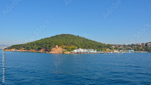 Heybeliada, one of the Princes' Islands, also called Adalar, in the Sea of Marmara off the coast of Istanbul. Burgazada can be seen in the background 