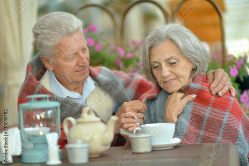 Close up portrait of senior couple drinking tea