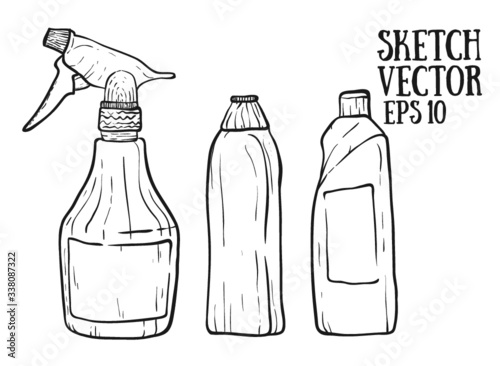 Set of cleanings toolset of detergent container, doodle style, sketch illustration.s isolated on a white background.