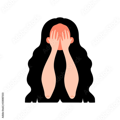 Cute young girl head, covering face with hands while crying. Sad expression. Cartoon character isolated on white background. Concept of social phobia, depression, lifestyle. Trying to be anonymous