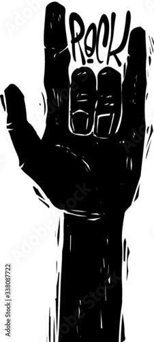 Rock hand sign silhouette, grunge template for your slogan, text or announcement. Music festival poster. 