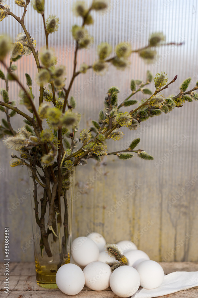 white chicken eggs and willow branches.