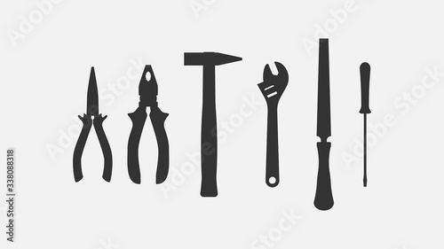 Set of metal tools, silhouettes isolated on white background. 